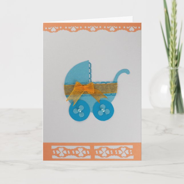 Personalise Blue baby stroller with orange bow Card (Front)