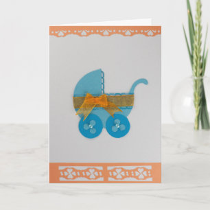 Personalise Blue baby stroller with orange bow Card