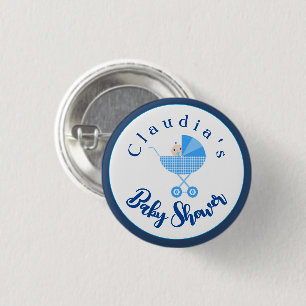Personalise Blue Carriage Baby Shower Favour 3 Cm Round Badge