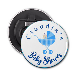 Personalise Blue Carriage Baby Shower Favour Bottle Opener