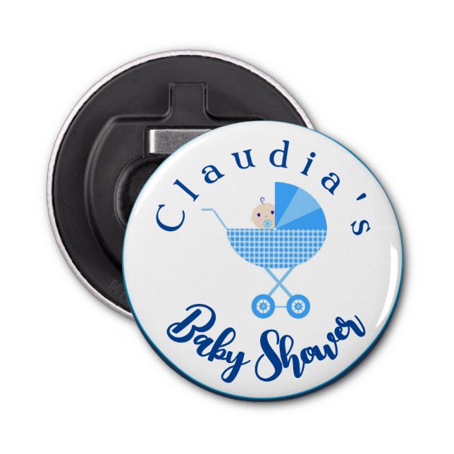 Personalise Blue Carriage Baby Shower Favour    Bottle Opener (Front)