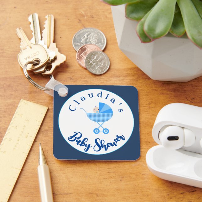 Personalise Blue Carriage Baby Shower Favour  Key Ring (Desk)