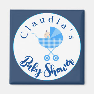 Personalise Blue Carriage Baby Shower Favour Magnet
