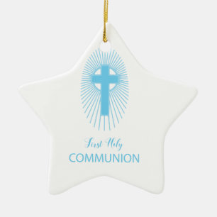 Personalise, Blue First Holy Communion Cross Host Ceramic Tree Decoration
