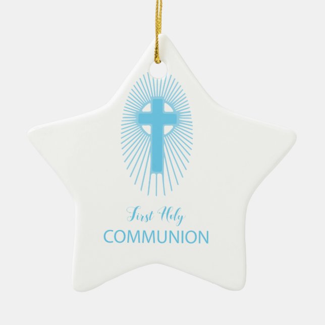 Personalise, Blue First Holy Communion Cross Host Ceramic Tree Decoration (Front)