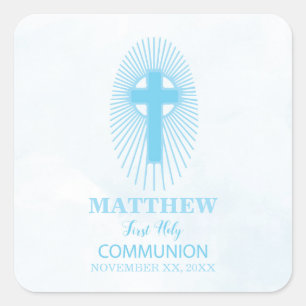 Personalise, Blue First Holy Communion Cross Host Square Sticker