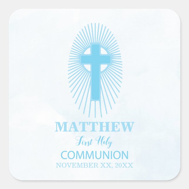 Personalise, Blue First Holy Communion Cross Host Square Sticker (Front)