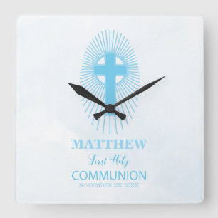 Personalise, Blue First Holy Communion Cross Host Square Wall Clock