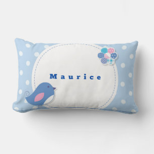 Personalise Blue White Polka Dot Bird Cute Flower  Lumbar Cushion