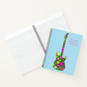 Personalise Boho Floral Retro Guitar on Light Blue Notebook