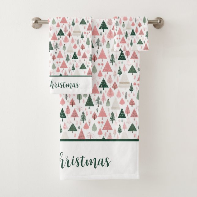 Personalise Boho Pink Green Christmas Tree Holiday Bath Towel Set (Insitu)