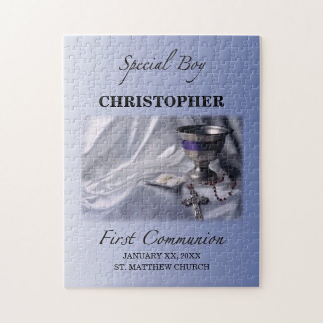 Personalise, Boy, First Communion Blue Jigsaw Puzzle (Vertical)