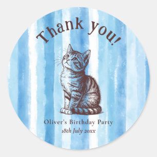 Personalise Boy Vintage Blue Kitten Birthday Classic Round Sticker