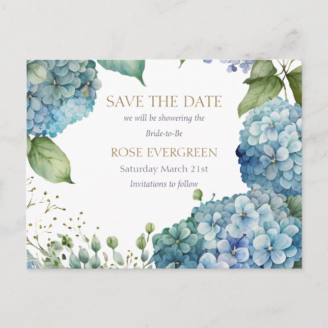 Personalise Bridal Shower Blue Hydrangea  Announcement Postcard (Front)