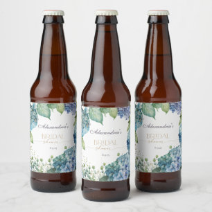Personalise Bridal Shower Blue Hydrangeas Beer Bottle Label