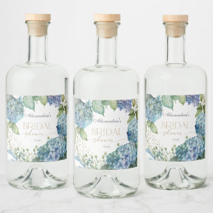 Personalise Bridal Shower Blue Hydrangeas Liquor Bottle Label