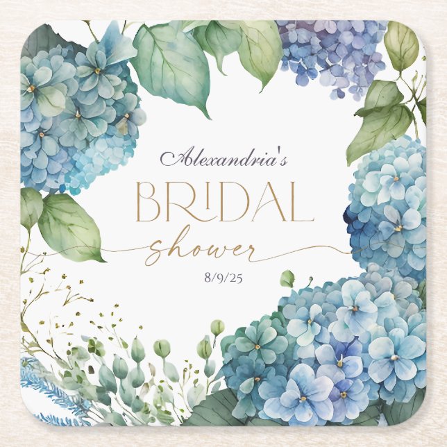 Personalise Bridal Shower Blue Hydrangeas Square Paper Coaster (Front)