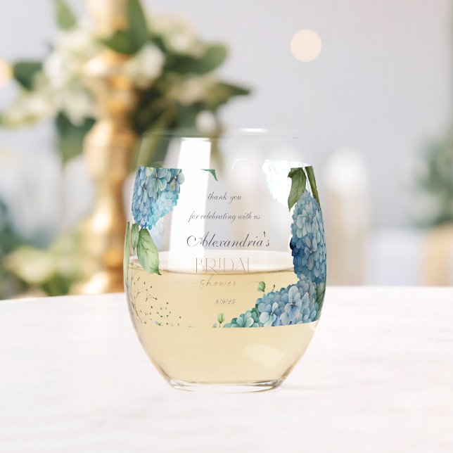 Personalise Bridal Shower Blue Hydrangeas Stemless Wine Glass (Insitu (Wedding))