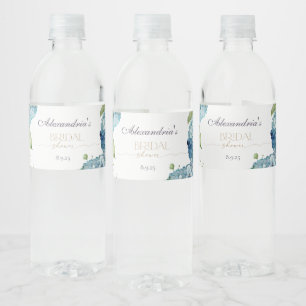 Personalise Bridal Shower Blue Hydrangeas Water Bottle Label