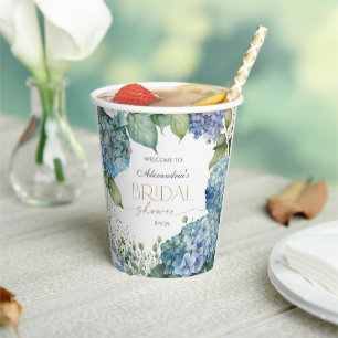 Personalise Bridal Shower Blue Hydrangeas Welcome Paper Cups
