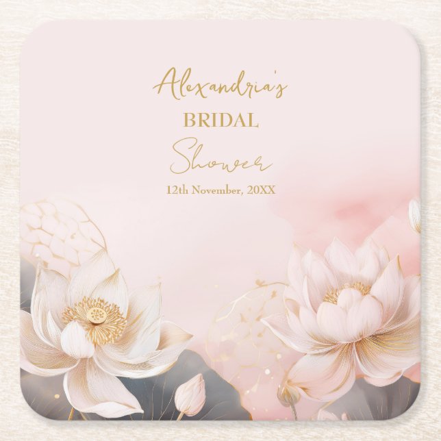 Personalise Bridal Shower Pink Lotus No 7 Square Paper Coaster (Front)