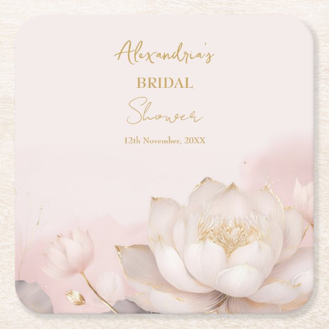 Personalise Bridal Shower Pink Lotus No 8 Square Paper Coaster (Front)