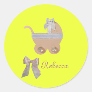 Personalise Bright peach colour baby carriage Classic Round Sticker