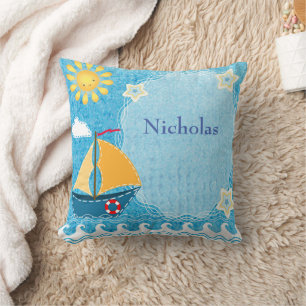 Personalise Bright Yellow Sun Blue Sail Boat  Cushion