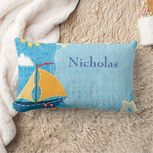 Personalise Bright Yellow Sun Blue Sail Boat Lumbar Cushion