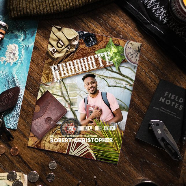 Personalise Brown Adventurer Theme Graduation Invitation (Creator Uploaded)