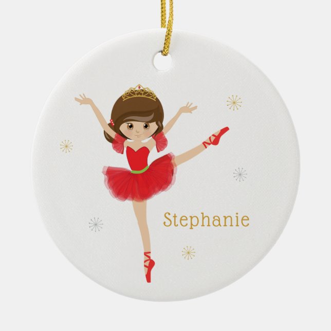 Personalise Brunette Christmas Ballerina Ceramic Tree Decoration (Front)