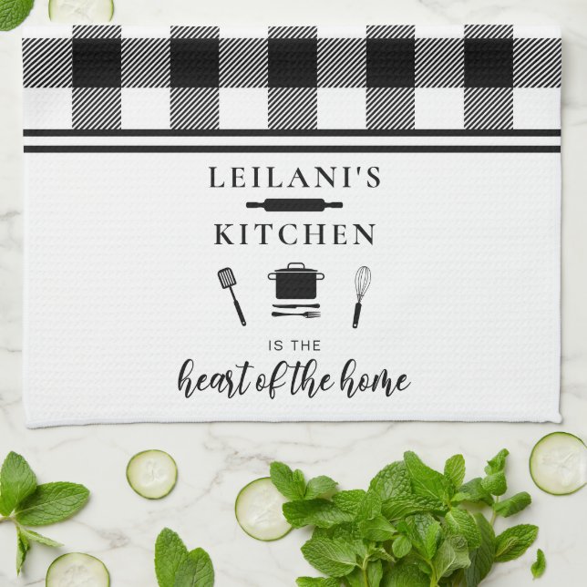Personalise Buffalo Plaid Kitchen Heart Home White Tea Towel (Folded)