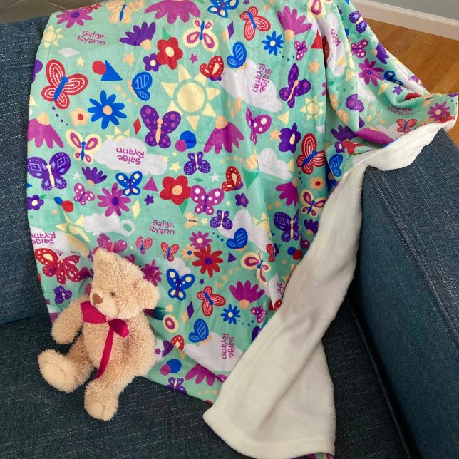 Personalise Butterfly Garden Fun Shapes Sage Green Fleece Blanket (Creator Uploaded)