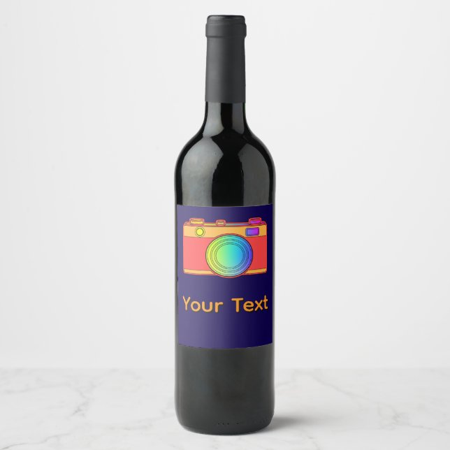 Personalise Camera Design Dk Blue Wine Label (Front)