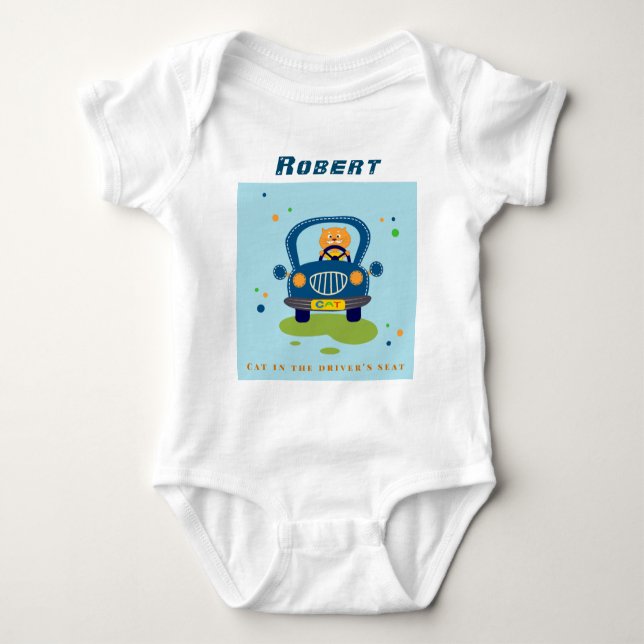 Personalise Cat in Cute Blue Car  Baby Bodysuit (Front)