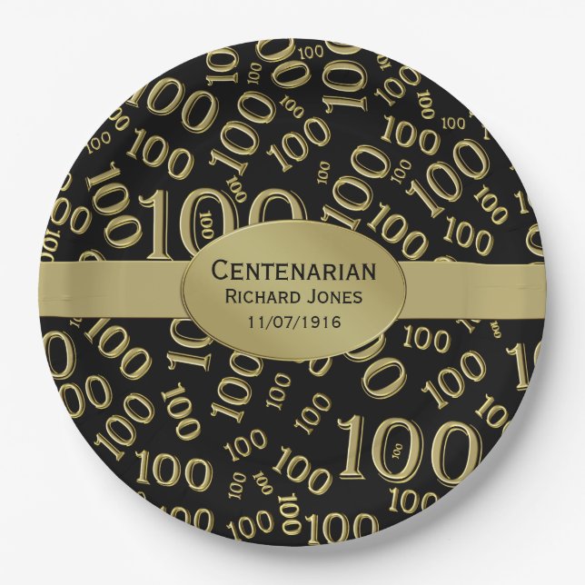 Personalise:  Centenarian, 100th Birthday Theme Paper Plate (Front)