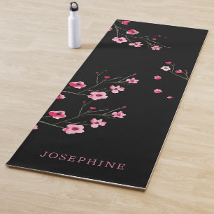 Personalise Cherry Blossom Sakura watercolor black Yoga Mat