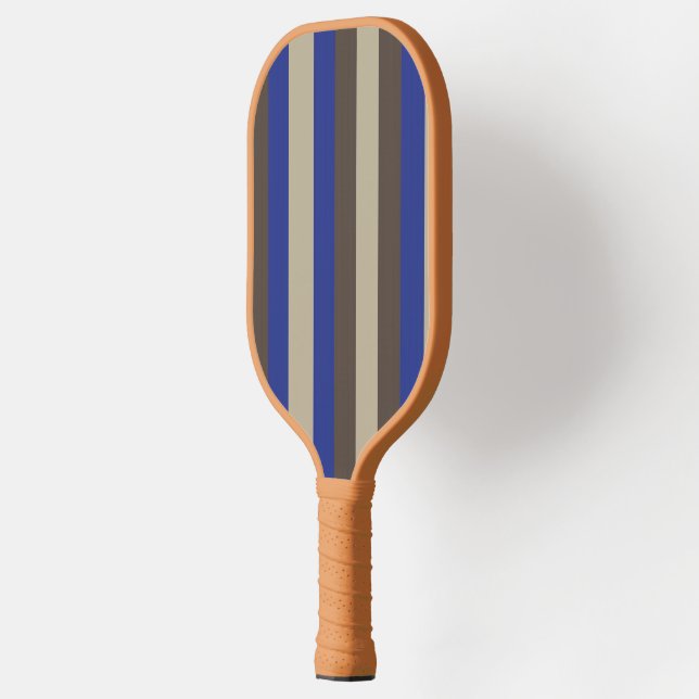 Personalise Chic Blue Brown Beige Vertical Stripe Pickleball Paddle (Left)