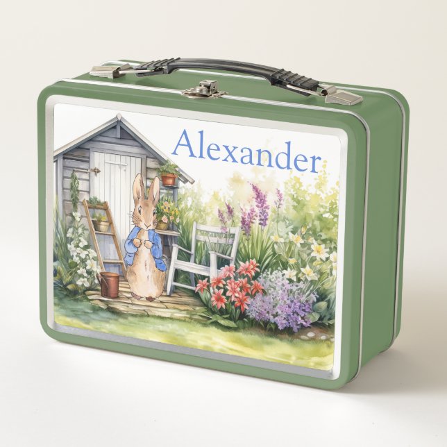 Personalise Child Name Peter the Rabbit garden Metal Lunch Box (Front)