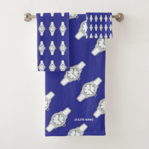 Personalise Child's Name Watch The Time Blue     Bath Towel Set