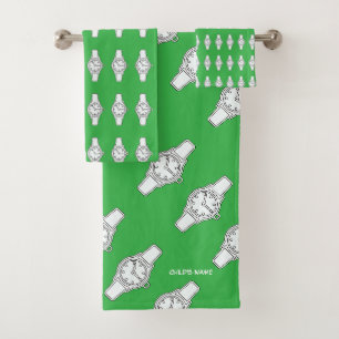 Personalise Child's Name Watch The Time Green Bath Towel Set