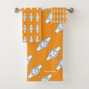 Personalise Child's Name Watch The Time Orange Bath Towel Set