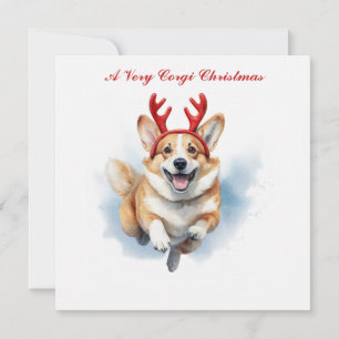 Personalise Christmas Corgi with Reindeer antlers Card