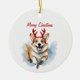 Personalise Christmas Corgi with Reindeer antlers Ceramic Tree Decoration
