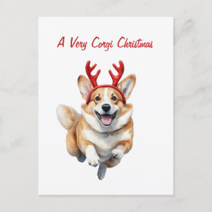 Personalise Christmas Corgi with Reindeer antlers  Postcard