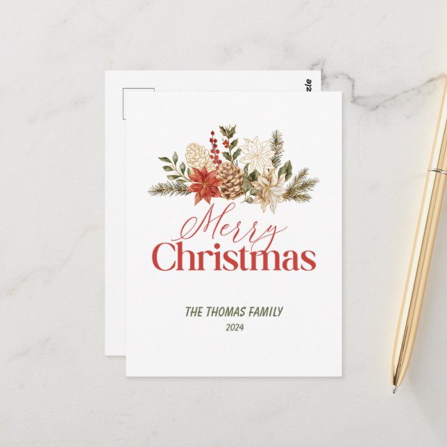 Personalise Christmas Gold Floral Merry Christmas Postcard (Front/Back In Situ)