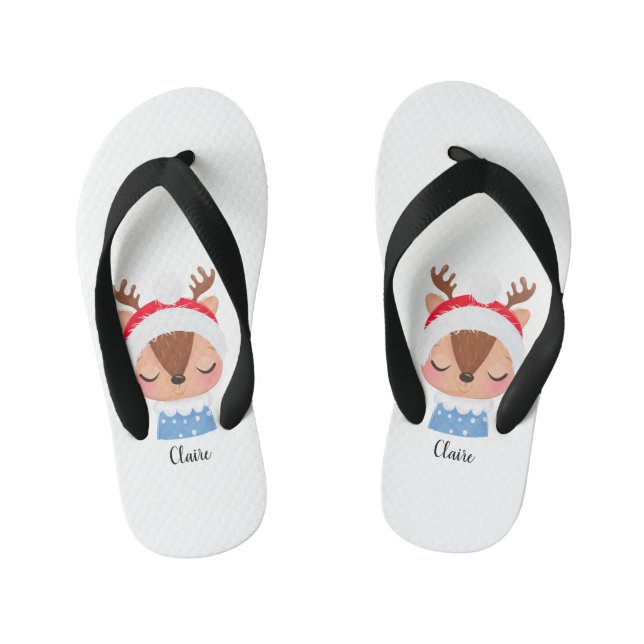 Personalise Christmas Sleeping Reindeer Face Kid's Jandals (Footbed)