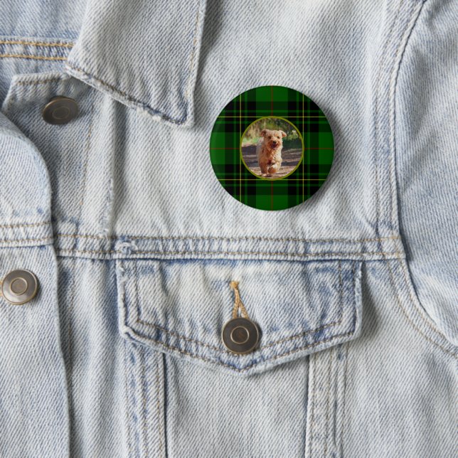 Personalise Clan  Forbes Scottish Tartan Green Dog 6 Cm Round Badge (In Situ)