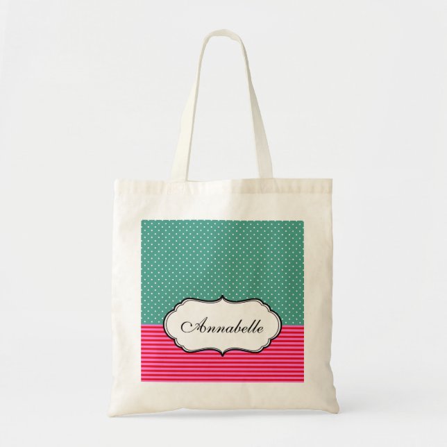 Personalise Classic Polkadots Stripes Teal Pattern Tote Bag (Front)