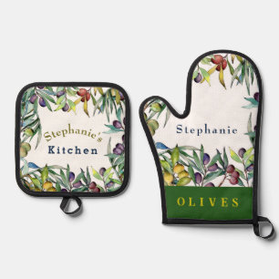 Personalise Colourful Olives Hanging on Vines Oven Mitt & Pot Holder Set